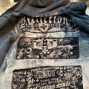 Affliction, zip up studded hoodie, blue and white